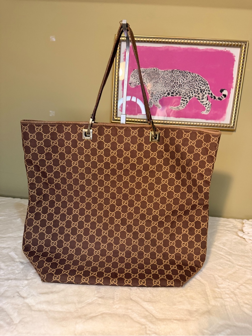 Gucci GG Brown Monogram Canvas Large Tote with Leather Straps